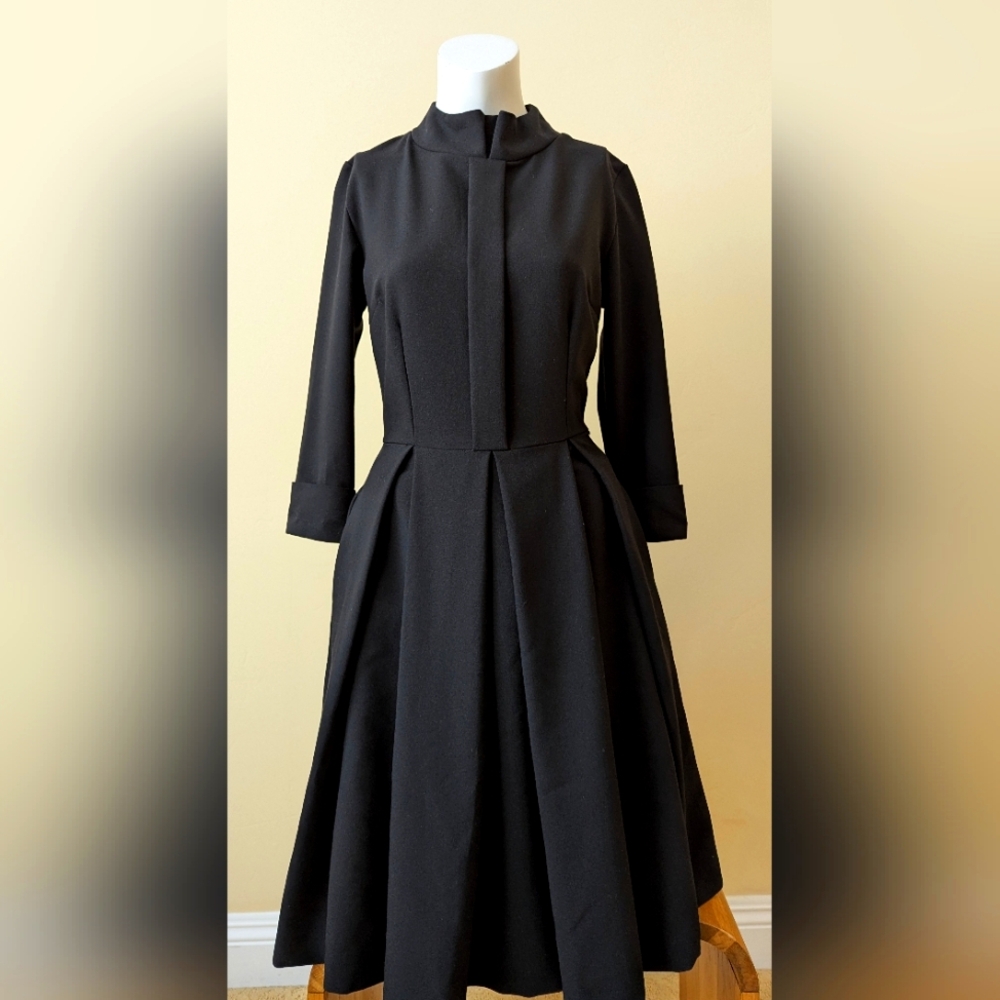 Carla by Rozarancio Elegant Black A-line Dress with Long Cuffed Sleeves